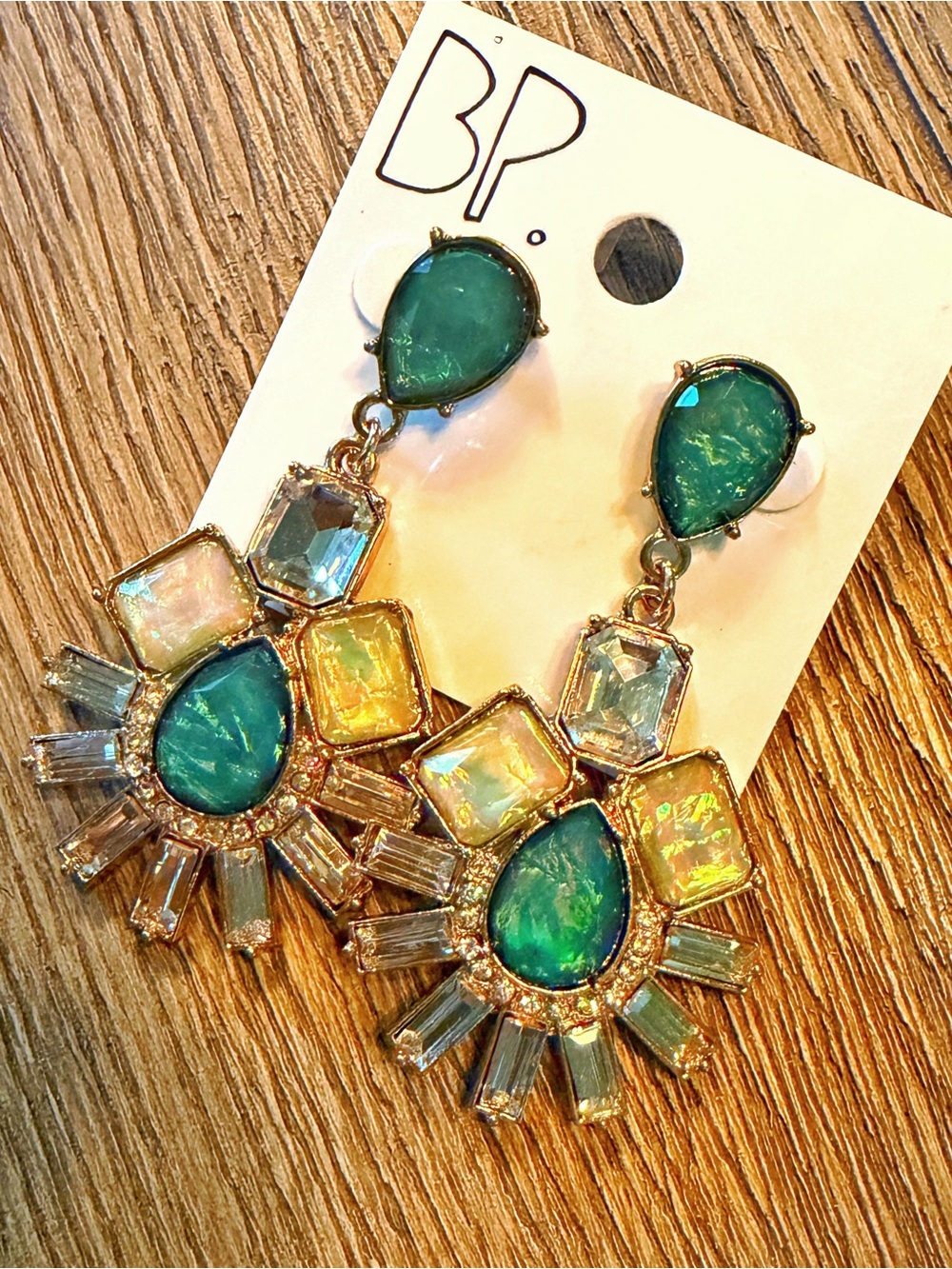 BP. Nordstrom Statement Drop Earrings Green Crystal Baguette Gold Tone NWT